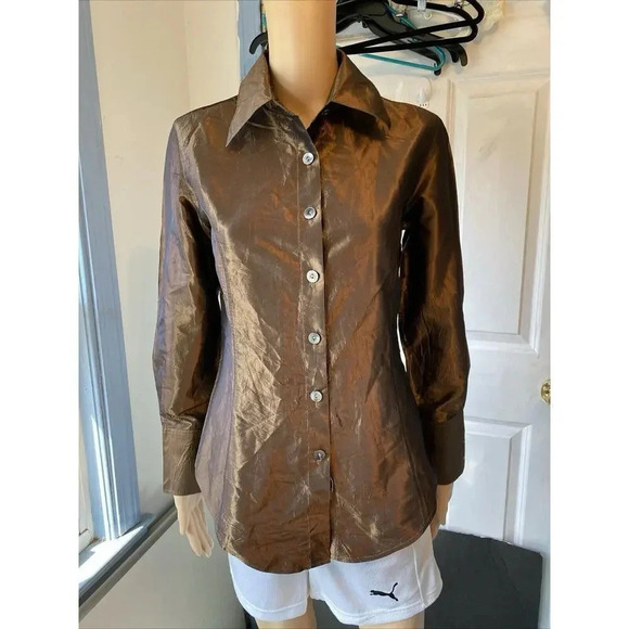 Victoire Y2K metallic Brown long sleeve button-up top satin Silk Blend Women’s S - Picture 9 of 11